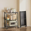 Folding Storage Shelves No Assembly, 3 Tier Metal Foldable Shelves with Wheels, Collapsible Rolling Storage Rack for Laundry Room Garage Small Spaces, Black
