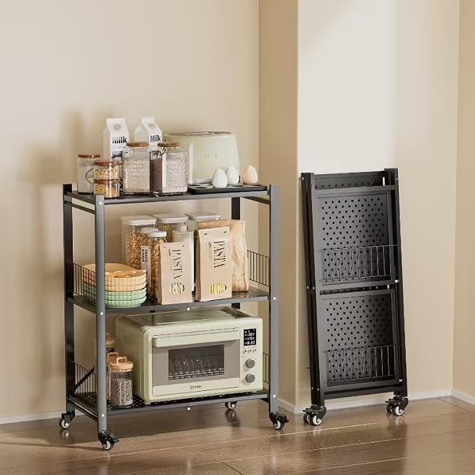 Folding Storage Shelves No Assembly, 3 Tier Metal Foldable Shelves with Wheels, Collapsible Rolling Storage Rack for Laundry Room Garage Small Spaces, Black