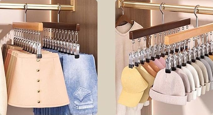Wooden Closet Organizer Hanger with 12 Clips, Space Saving Hanging Organizer for Hats Scarves Jeans Skirts Socks Pants, 15 Inch, 360° Swivel Hook (2PcsWood Colour)