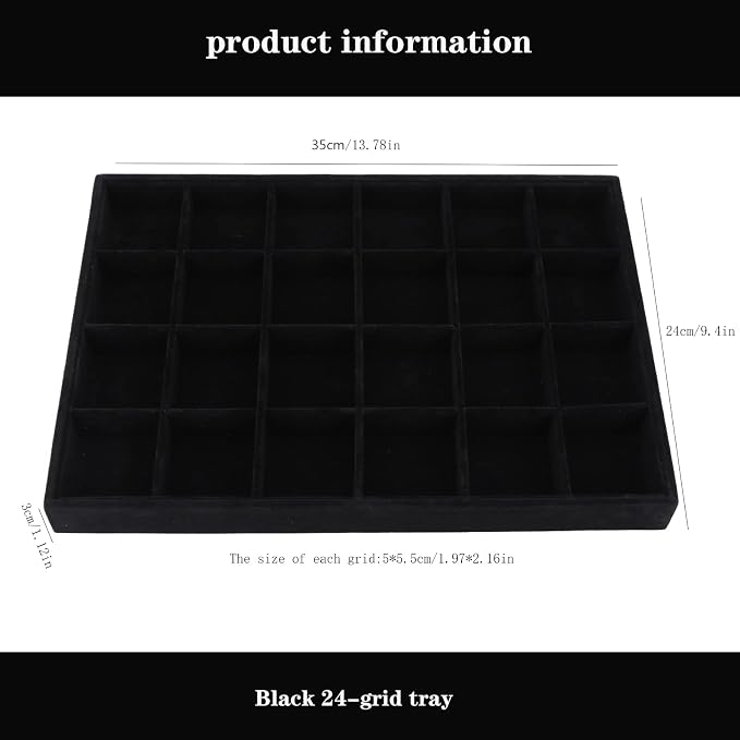 Large Velvet Jewelry Tray, Drawer Organizer for Jewelry in Dresser, Stackable Jewelry Drawer Organizer Inserts for Earring Necklace Bracelet Rings(Black,24grid)
