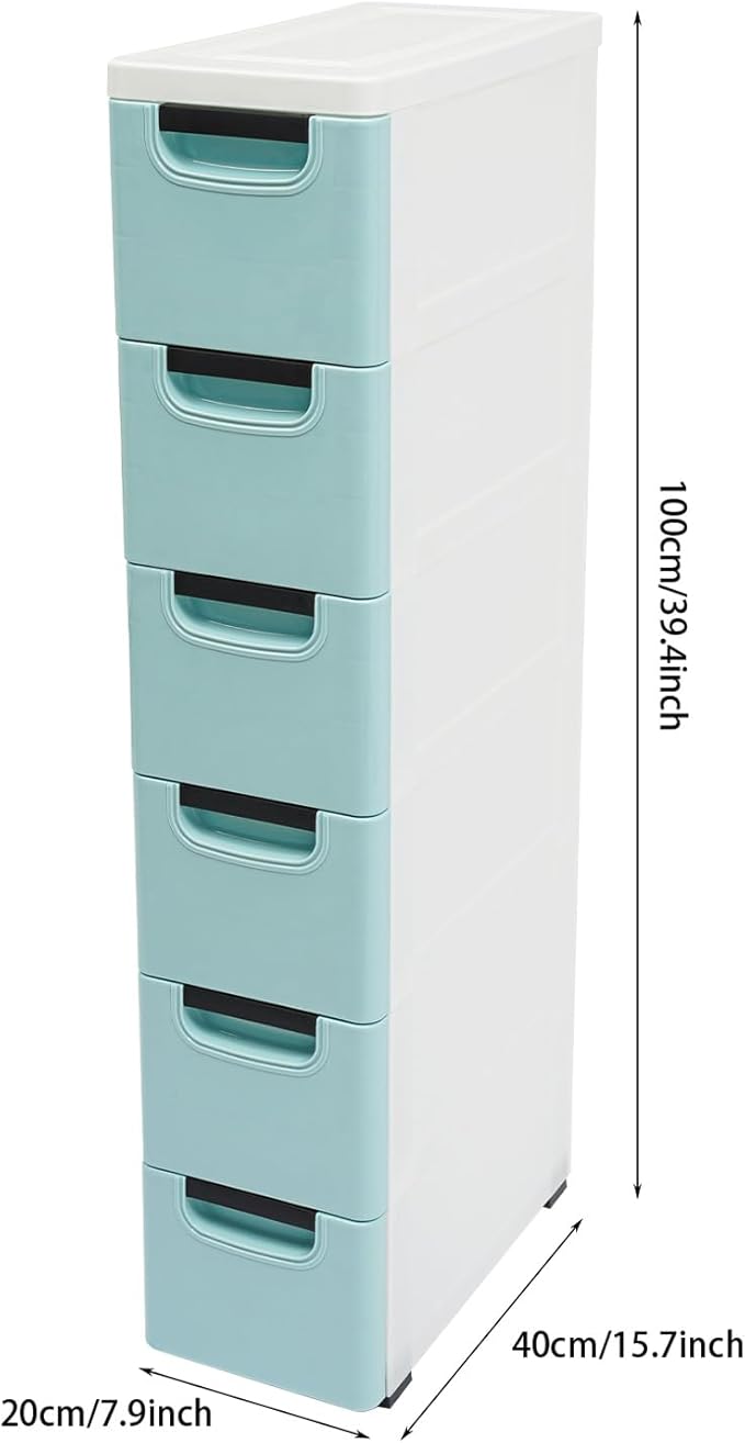 6 Drawers Narrow Storage Cabinet, Stackable Plastic Storage Tower Slim Utility Organizer for Kitchen Bathroom Living Room Office (Blue)
