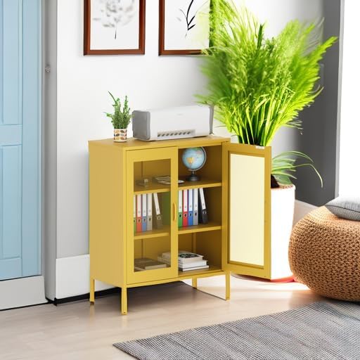 Washsemba Metal Storage Cabinet with Mesh Doors,Steel Display Cabinet with Adjustable Shelves,Metal Office Storage Locker for Home Office,Garage(Yellow, 40''H)