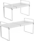 11" Deep Expandable Cabinet Organizer Shelf Riser, 14-25" Adjustable Heavy Duty Metal Pantry Storage Rack for Kitchen Cupboard, Under Sink & Countertop, 10" High Space Saver, 2-Pack White