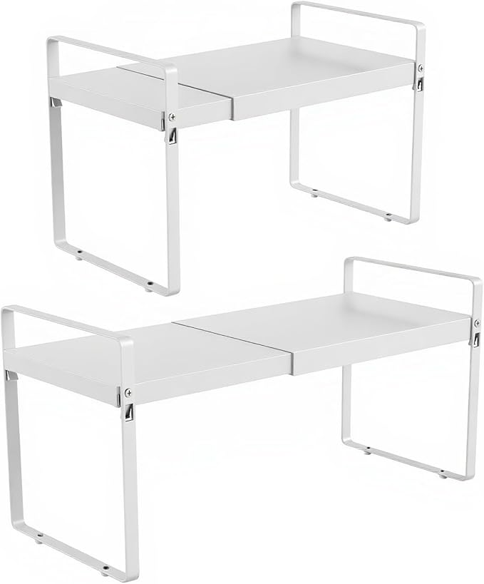 11" Deep Expandable Cabinet Organizer Shelf Riser, 14-25" Adjustable Heavy Duty Metal Pantry Storage Rack for Kitchen Cupboard, Under Sink & Countertop, 10" High Space Saver, 2-Pack White