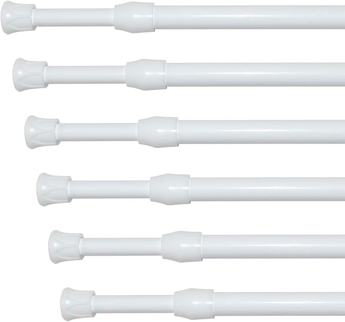 KXLife Tension Curtain Rod No Drill 12-20", Small Spring Rod, 6Pcs, White | Adjustable Short Tension Rod, Tool-Free Spring Fit, Non-Slip Ends, Suitable for Window, Cupboard, Closet