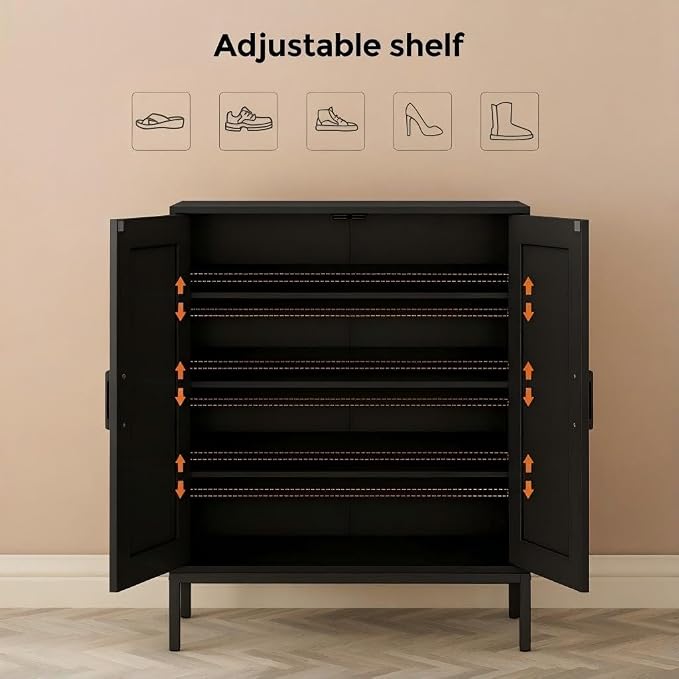 Homleke Farmhouse Shoe Cabinet with 2 Barn Doors & Metal Legs | Tall 4-Tier Shoe Storage Cabinet, 3 Adjustable Shelves, Shoe Rack Organizer, for Entryway, Hallway, Closet, Black