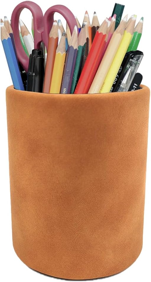 Leather Pen Holder, Light Brown Pencil Holder, Desktop Elegant Pen Holder for Desk, Stationery Organizer for School Office Home Dorm