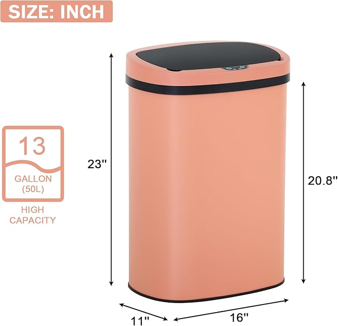 Bigacc 13 Gallon Stainless Steel Trash Can Automatic Trash Can Garbage Can Bathroom Garbage Can with Lid for Kitchen Living Room Office Bathroom, Electronic Motion Sensor Automatic, Pink
