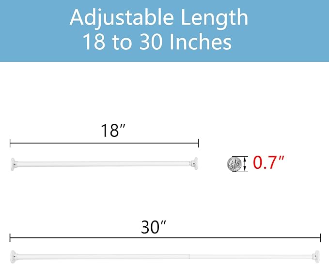 TYRON Small Thin Skinny Closet Rod for Hanging Clothes, 1/2" Diameter, 18 to 30 In. Adjustable Slim Closet Rod, Metal Closet Bar Hanging Rod for Closet Wardrobes Laundry RV (White,1 Pcs)