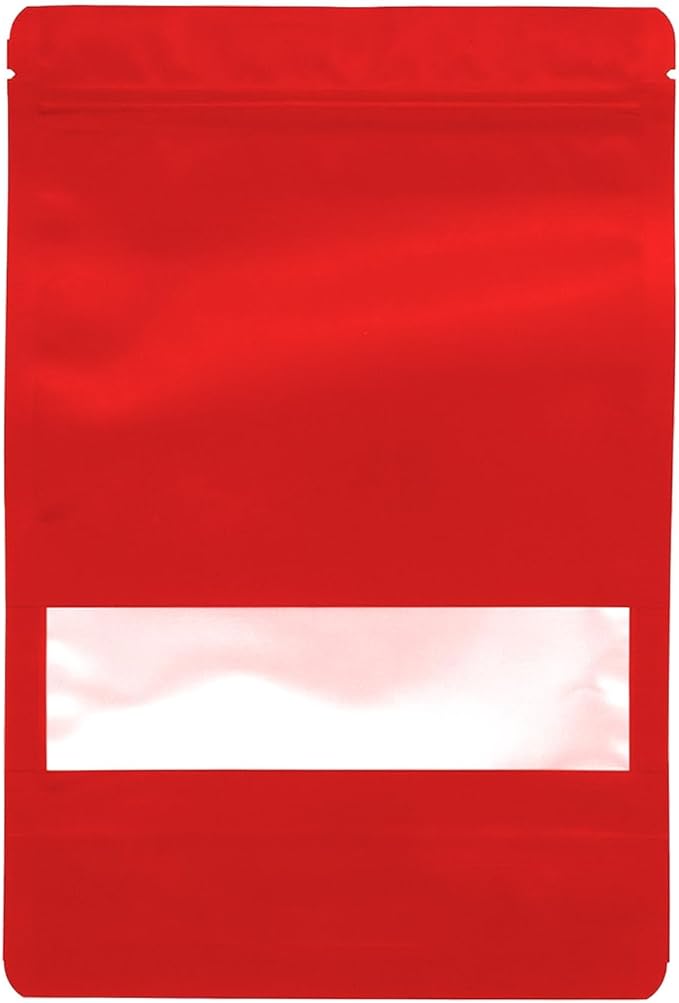 100PCS Foil Pouch Mylar Bags with Clear Window,ULIFESTAR Stand Up Sealable Bags with Tear Notches,Resealable for Food,Party Favors,Gift Packaging and Small Business(16 * 24cm/6.3 * 9.45",Red)