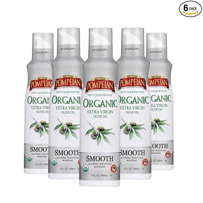 Pompeian Smooth Organic Extra Virgin Olive Oil Spray - (6 Pack) 5 fl oz | No Propellants - First Cold Pressed Olive Oil for Cooking - Delicate Flavor for Salads, Pasta, and Drizzling