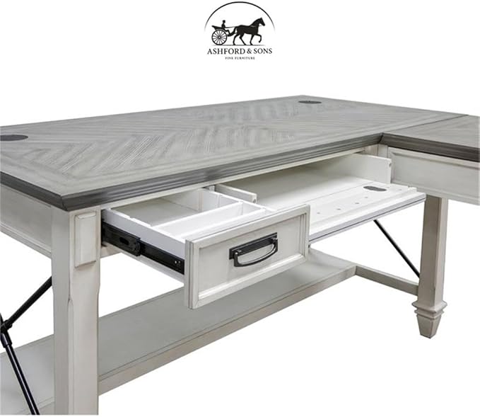 Ashford & Sons Contemporary Wood L-Shaped Desk, 60"W x 28"D x 31"H, Weathered White Finish, Drop-Front Keyboard Drawer, Utility Drawers, Ergonomic Workspace, Durable Home Office Desk for Storage and