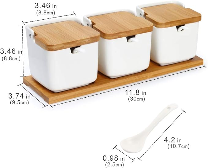 Lucky Goddness Set of 3 Porcelain Sugar Bowl, 8.8 fl oz Condiment Pots with Spoons Bamboo Flip Lids Labels, Spice Salt Tray Serving for Home Kitchen