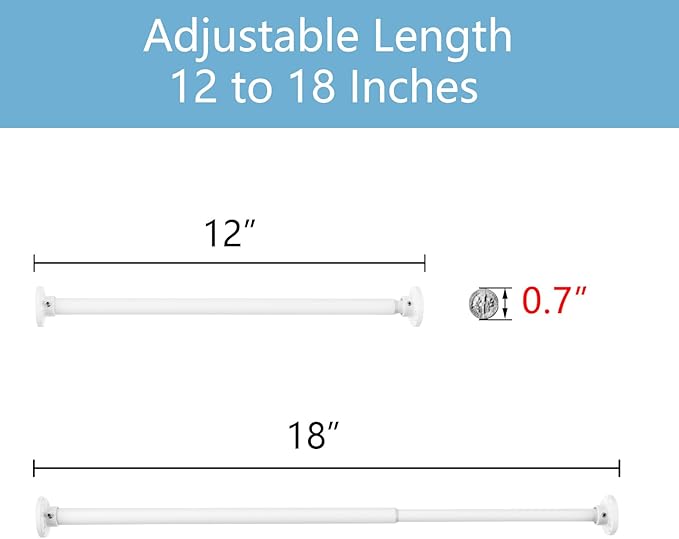 TYRON Mini Thin Skinny Smallest Closet Rods for Hanging Clothes, 1/2" Diameter,12 to 18 In. Adjustable Slim Closet Rod, Metal Closet Bar Hanging Rods for Baby Kids Closet, Small Space (White,2 Pcs)