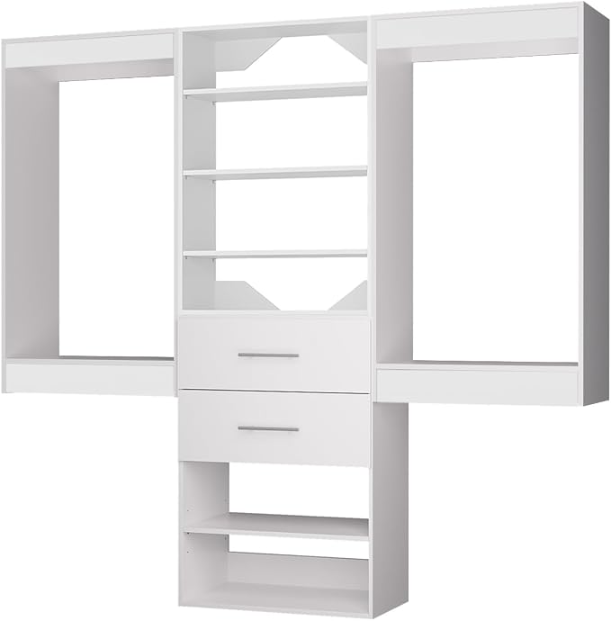 ROOMTEC Modular Closet System, 102" Wall Mounted Closet Organizer with Hanging Rods and Drawers, Wooden Tower for Walk-In Closets, Wardrobe Storage Kit, White