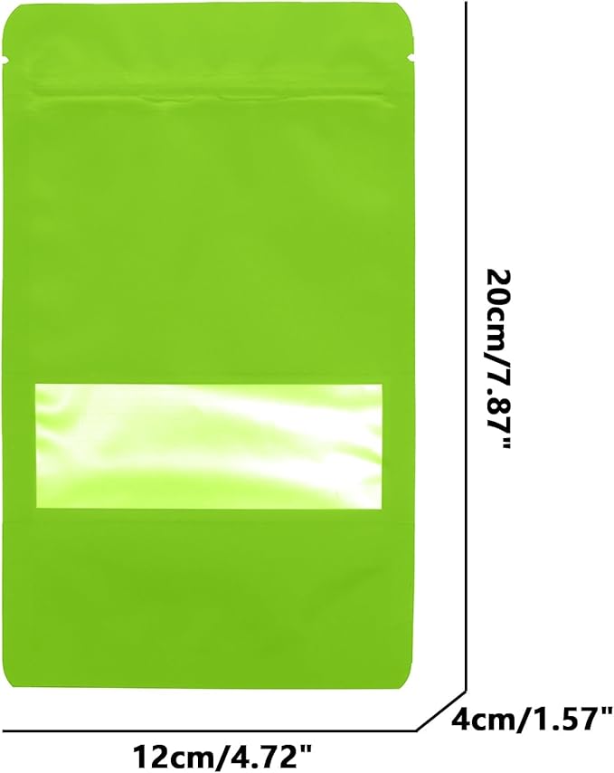 100PCS Foil Pouch Mylar Bags with Clear Window,ULIFESTAR Stand Up Sealable Bags with Tear Notches,Resealable for Food,Party Favors,Gift Packaging and Small Business(12 * 20cm/4.72 * 7.87",Green)