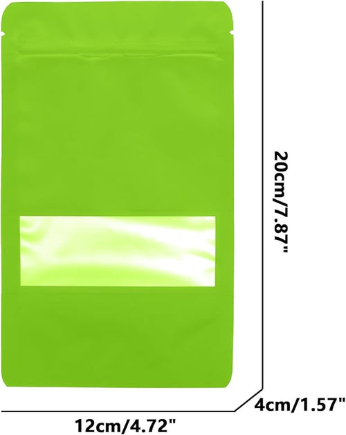 100PCS Foil Pouch Mylar Bags with Clear Window,ULIFESTAR Stand Up Sealable Bags with Tear Notches,Resealable for Food,Party Favors,Gift Packaging and Small Business(12 * 20cm/4.72 * 7.87",Green)