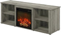 Furnifact Grey TV Stand with Fireplace, 60 Inch Wood Console, Open Shelves, Cord Management, Modern Style, Living Room, Home Entertainment
