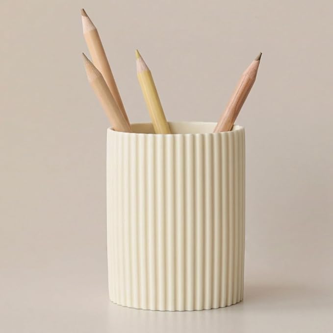 Ceramic Pen Holder for Desk, Ribbed Makeup Brush Organizer, Aesthetic Pencil Cup, Minimalist Desk Organizer, Office, Vanity, Aesthetic Desk Accessories
