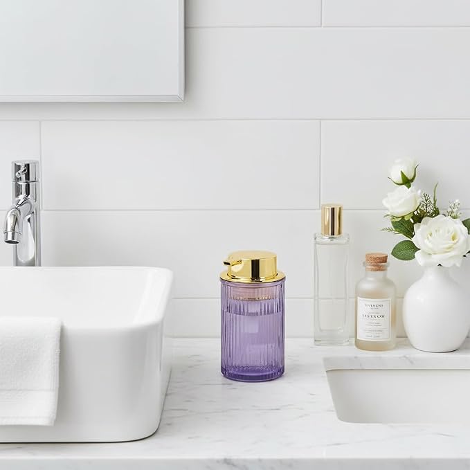 Foaming Soap Dispenser, 12 Oz Purple Glass Soap Dispenser, Refillable Liquid Lotion Container Foam Gold Pump Bottle Decorative Modern Slim Ribbed Bottle for Bathroom and Kitchen