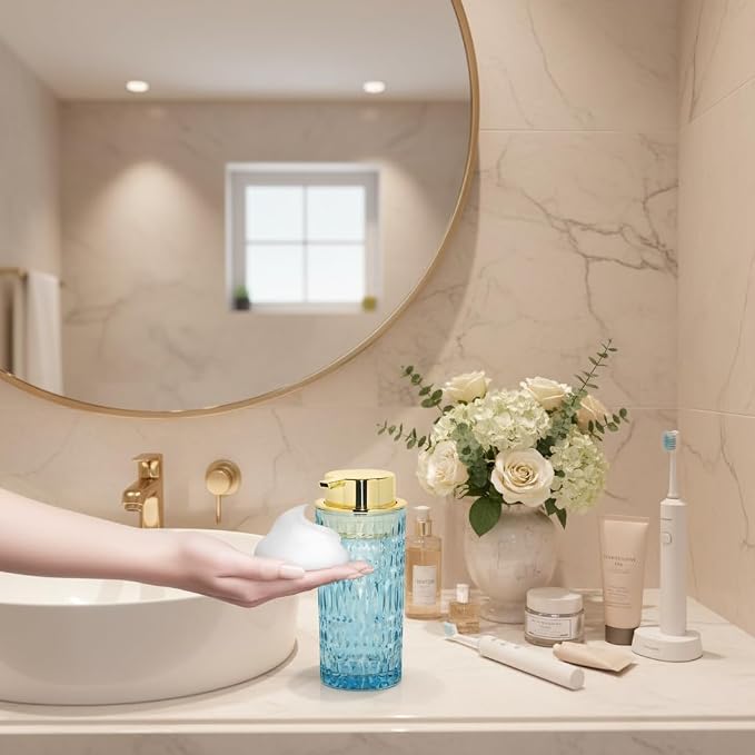 Foaming Soap Dispenser, Blue Glass Hand Soap Dispenser, 14 Oz Refillable Foam Soap Dispenser Pump Bottle Container for Bathroom Countertop Decor
