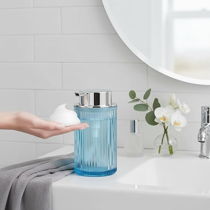 Foaming Soap Dispenser, Bathroom Blue Glass Foam Soap Dispenser, Refillable 12 Oz Foam Pump Bottle Container with Pump, Decorative Slim Ribbed Dish Soap Dispenser for Kitchen