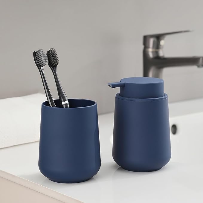 YAUKPH Matte Navy Blue Liquid Hand Soap Dispenser Plastic 11 oz - Modern Minimalist Style for Bathroom & Kitchen Countertop Refillable