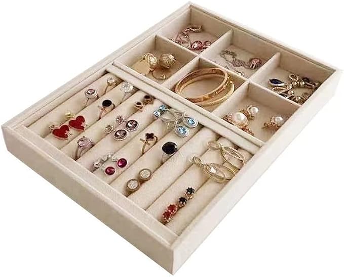 Premium Grade Beige Velvet Jewelry Organization Trays Rings and Accessory Stacklabe Organizer Drawer Insert Closet Divider Table Top