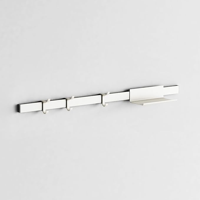Modern Aluminum Wallmount Organizer, 32.3" Rail with Adjustable 4 Hooks, Wall Rail (Ivory) (Black, 32.3" Rail with Shelf Tray & 3 Hooks)