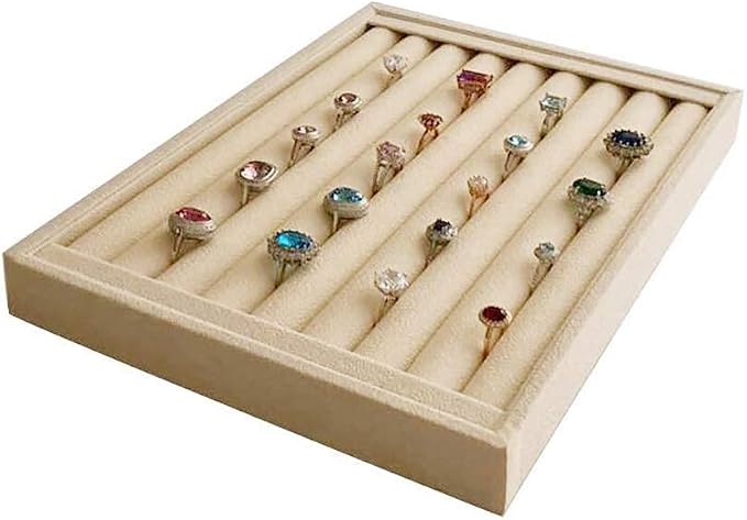 Premium Grade Beige Velvet Jewelry Organization Tray for Rings Drawer Insert Divider Closet Organizer
