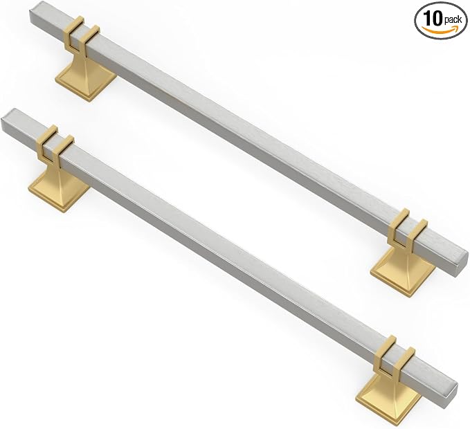 10 Pack 7-1/2 Inch Modern Silver & Gold Cabinet Pulls, Stainless Steel & Zinc Alloy, Anti-Corrosion, Kitchen Cabinet Hardware