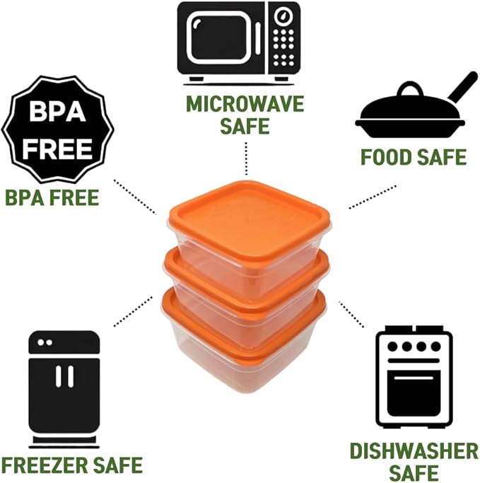 6-Piece Food Storage Containers with Lids, BPA Free, Microwave, Freezer, and Dishwasher Safe, Stackable, Assorted Colors (3, Square)