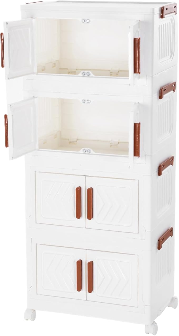 4 Tier Stackable Storage Bins with Lids & Magnetic Doors, Plastic Collapsible Storage Bins with Wheels Stackable Storage Containers Organizers Cabinet for Entryway