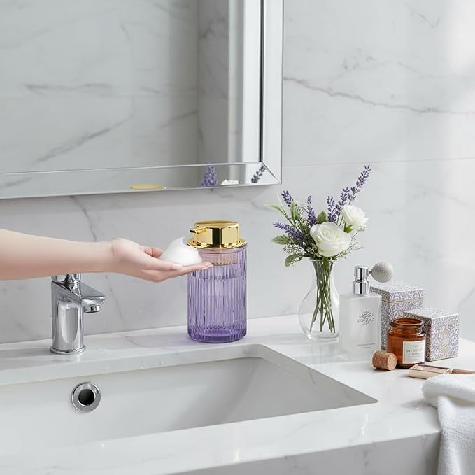 Foaming Soap Dispenser, 12 Oz Purple Glass Soap Dispenser, Refillable Liquid Lotion Container Foam Gold Pump Bottle Decorative Modern Slim Ribbed Bottle for Bathroom and Kitchen
