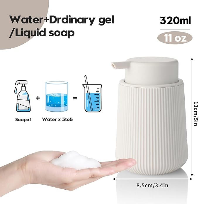 YAUKPH Striped Foaming Hand Soap Dispenser with Leak-Proof Pump for Bathroom and Kitchen Countertop 11oz Beige