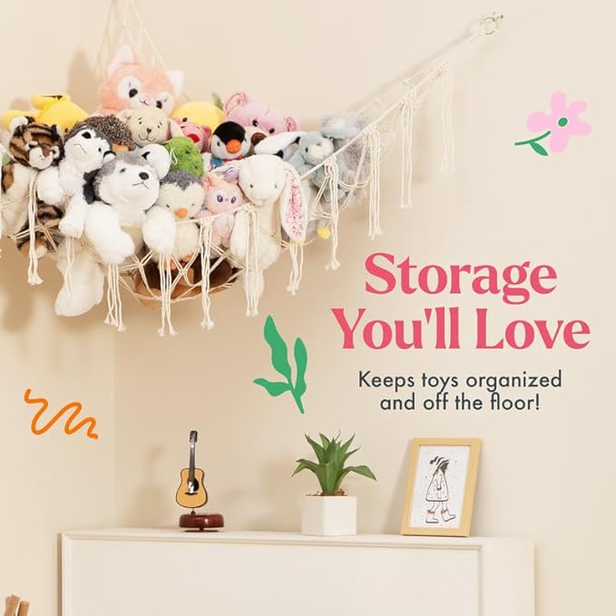 Lilly's Love Stuffed Animal Storage Macrame Hammock, Large - Boho Room Decor Toy Storage - Corner Hanging Plushie Stuffed Animal Net Organizer (Light Pink)
