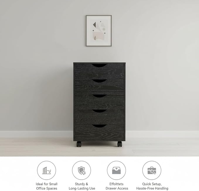 Naomi Home 5-Drawer Rolling Chest, Distressed Black, Smart Storage with Metal Slide Glides & Smooth Wheels, Compact Space-Saver, Easy Assembly, Durable Engineered Wood