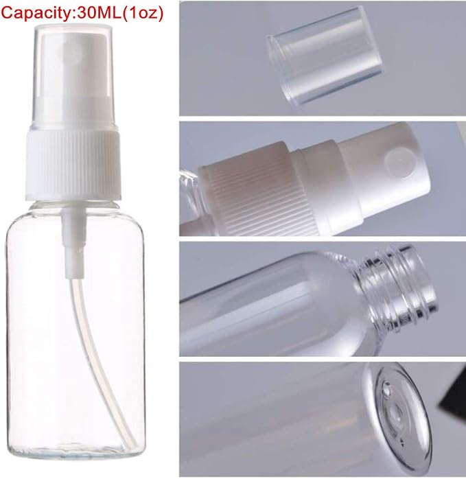 SINIDE Spray Bottles 30 ml/1 oz, 4 Pack Clear Empty Fine Mist Plastic Mini Travel Bottle Set, Portable Refillable Makeup Sprayer Containers for Perfume, Liquids, Aromatherapy, Small Size