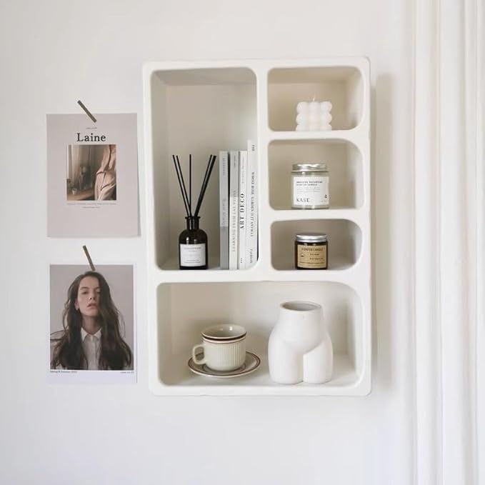 Wall Mounted Storage Cabinet, Floating Wall Shelf with 5 Compartments Open Storage Rack Freestanding Storage Organizer White for Kitchen Study Room Living Room Bathroom