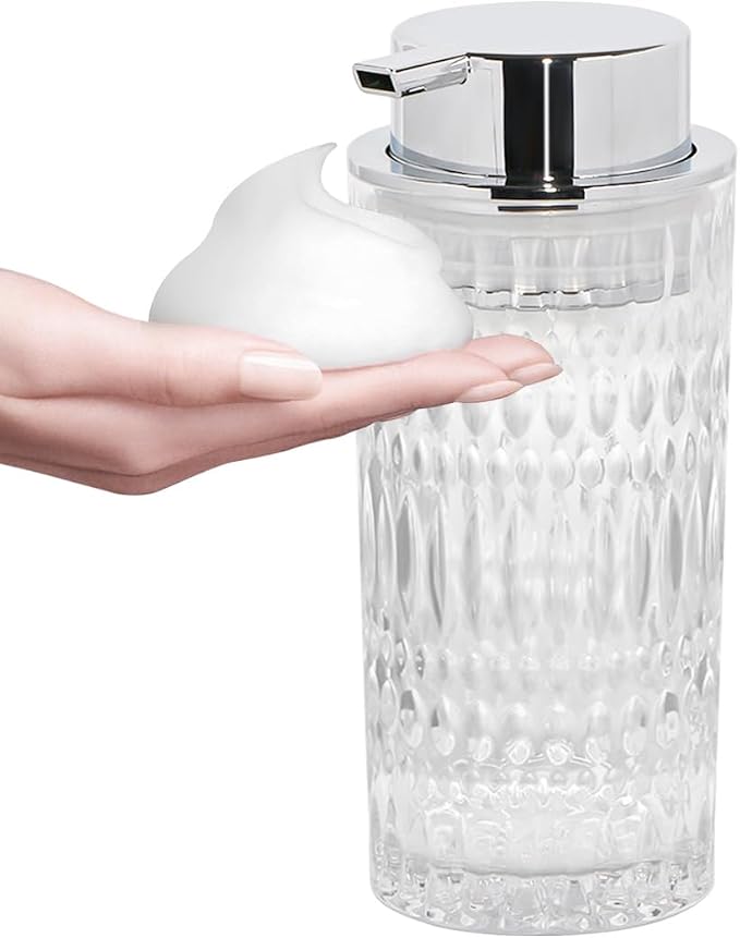 Foam Soap Dispenser, Glass Foaming Hand Soap Dispenser with Pump, 14 Oz Bathroom Refillable Liquid Lotion Pump Bottle Container for Kitchen Countertop Decor (1, Clear Silver)