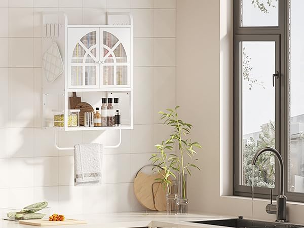 Metal Bathroom Arched Wall Cabinet, Hanging Over Toilet Medicine Storage | Small Modern Wall-Mounted Medicine Storage Cabinet with 2 Doors, Removable Shelf, Towel Bar, 9 x 16.8 x 28.7 Inches, white