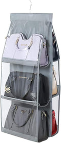 HAN SHENG 6 Pockets Clear Handbag & Purse Organizer Hanging Bag Storage - Space Saving Hanging Shelf for Closet, Wardrobe, Over Door (1 Pack, Grey)