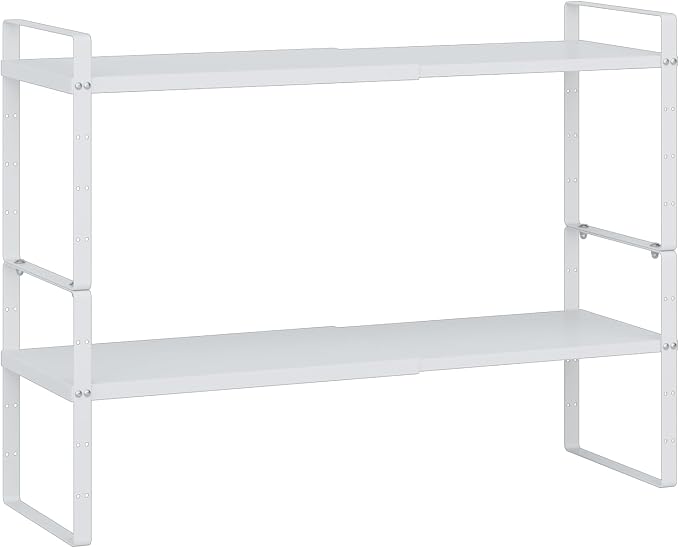 Expandable Cabinet Shelf Organizer Rack, Stackable Kitchen Counter Storage Shelves Stand, Adjustable Height Pantry Shelf Spice Rack (White-2 Pack, 8.7" D x 15.4-26.8" W x 9.8" H)