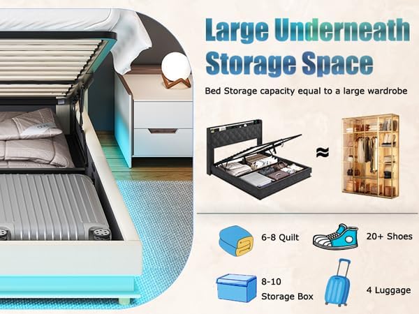 Ailisite Full Size Lift Up Storage Bed, Upholstered Platform Bed with Button Tufted Wingback Storage Headboard, Bed Frame Full Size with Led Lights and Charging Station, No Box Spring Needed, Beige