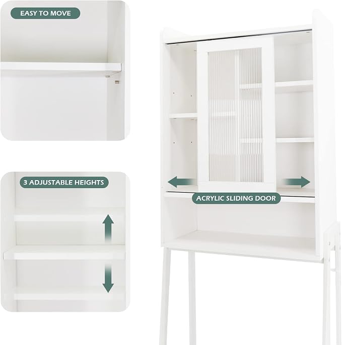SUNTAGE Over Toilet Storage Cabinet Organizer for Bathroom, Over Toilet Shelf, Freestanding Space Saver with Adjustable Shelves, Acrylic Sliding Door, Wide Open Shelf, 2 Hooks, Classic White