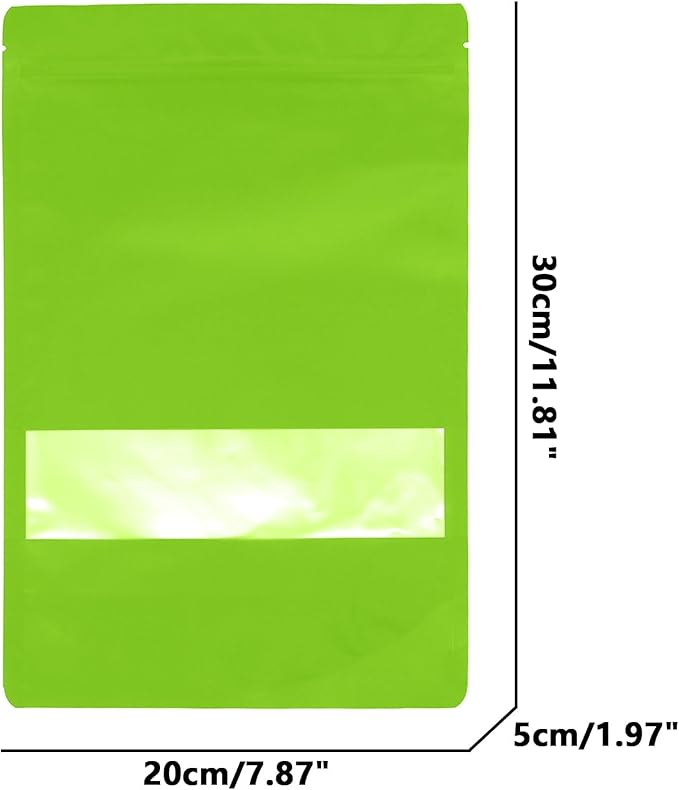 50PCS Foil Pouch Mylar Bags with Clear Window,ULIFESTAR Stand Up Sealable Bags with Tear Notches,Resealable for Food,Party Favors,Gift Packaging and Small Business(20 * 30cm/7.87 * 11.81",Green)