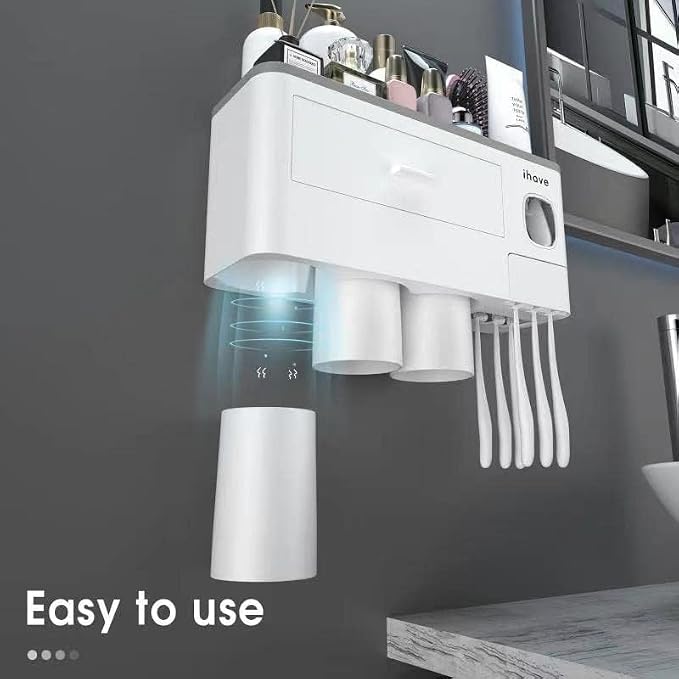 iHave Toothbrush Holders Wall Mounted with Toothpaste Dispenser & 3 Cups | All-in-One Bathroom Organizer: 3 Cups, 6 Slots, Toothpaste Dispenser, Large Tray & Drawer. Wall Mount, No Drilling Required