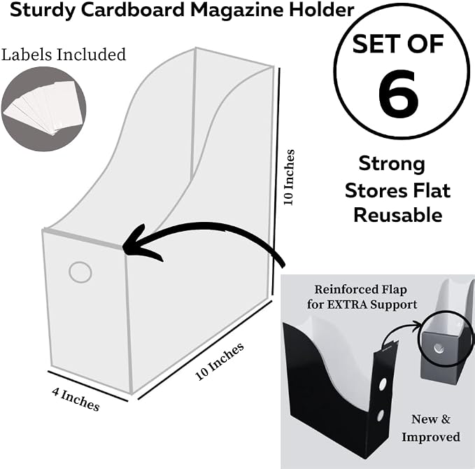 Evelots Magazine File Holder - Set of 6 Black - Office Desk Organizer - Sturdy Cardboard - New Upgraded Double Front Panel for More Stability - Full 4 Inch Wide - Easy Assemble