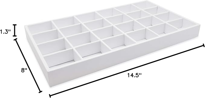 The Display Guys - Stackable Jewelry Tray and Organizer - for Drawers, Dressers, Store Display (24 Compartments, White Leatherette)