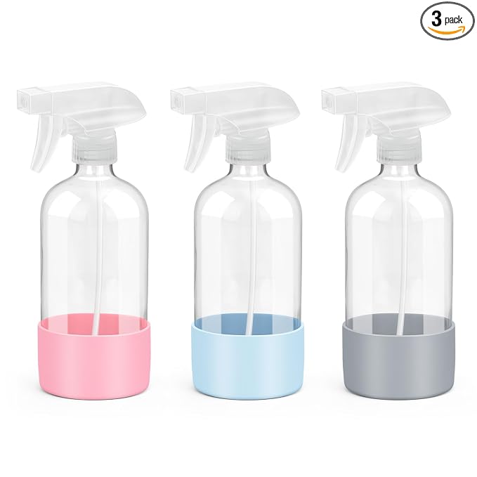 Rionisor Glass Spray Bottles with Silicone Sleeve Protection, Empty 16 oz Refillable Containers, Reusable Spray Bottles with Adjustable Nozzle for Hair, Cleaning Solutions, 3 Pack Grey&Blue&Pink